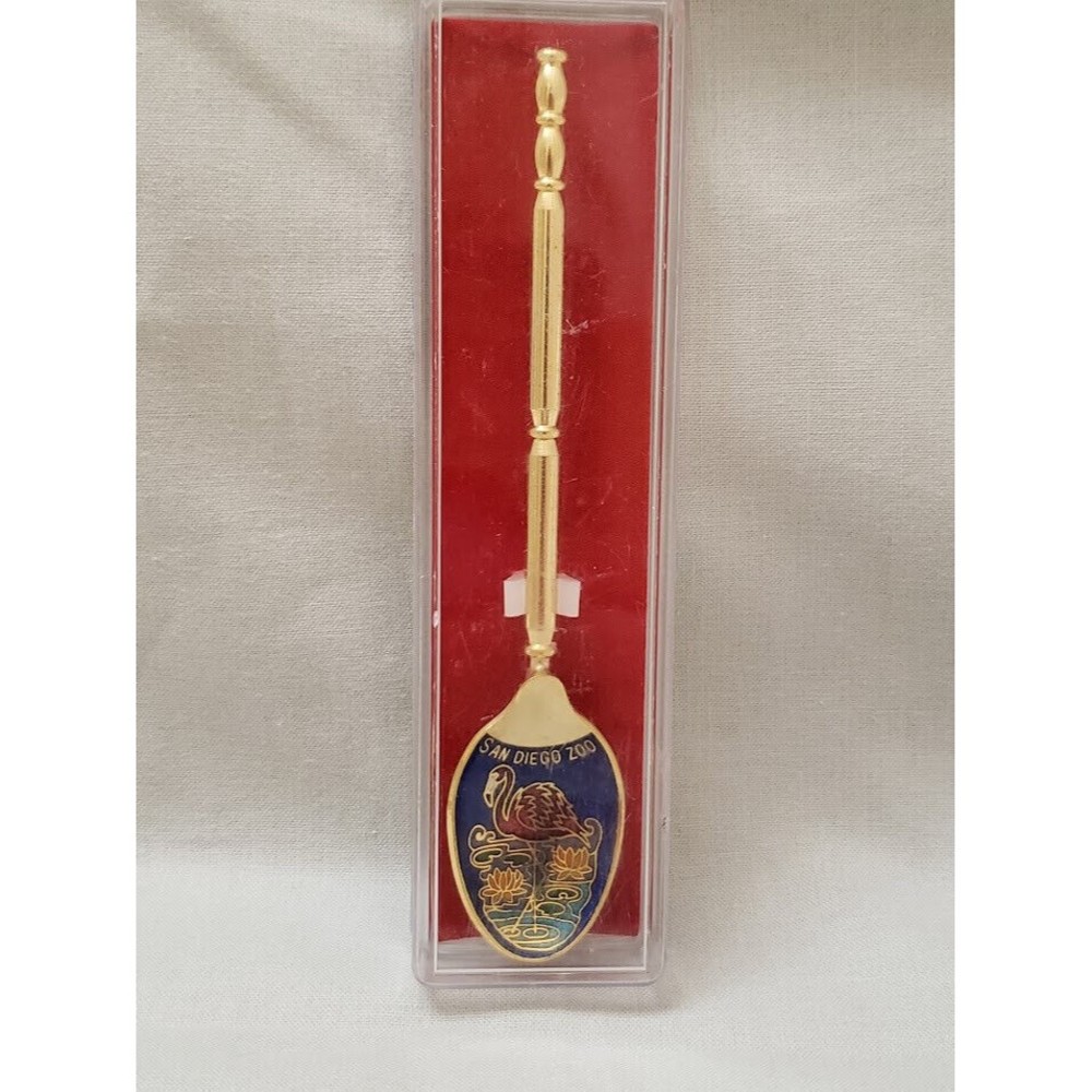 San Diego Zoo Spoon Cloisonne Flamingo gold tone vintage